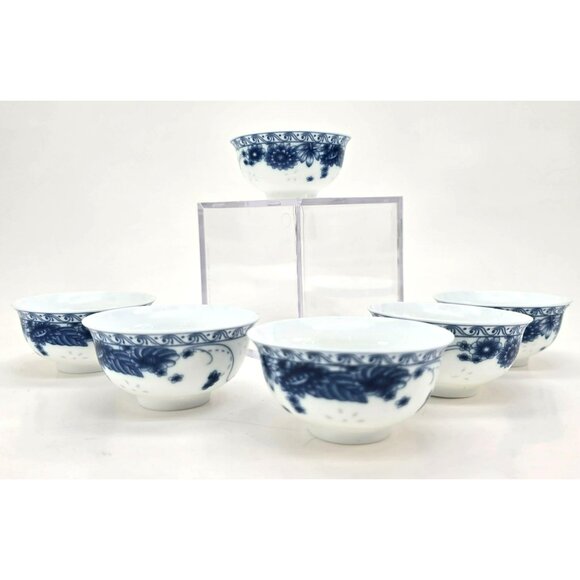 Blue & White Chinese Tea Bowls Porcelain China Set of 6 Floral je191 - Picture 2 of 8
